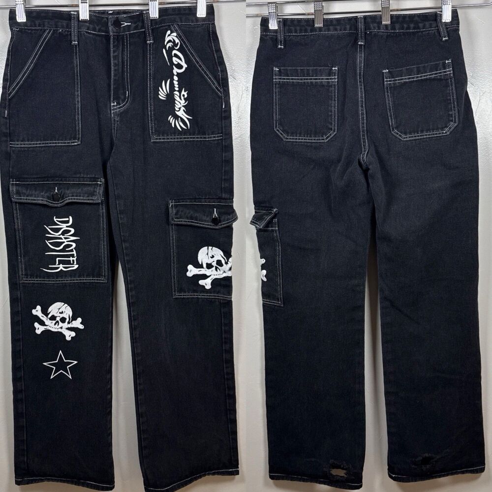 Romwe Grunge Punk Plus Letter & Skull Print Flap Pocket Side Cargo Pants Size 6